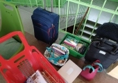 Dwie ciemne walizki, chlebak, pudełko, jeden czerwony i dwa zielone kosze na zakupy wypełnione książkami, umieszczone na podłodze na tle zielonej poręczy i schodów.